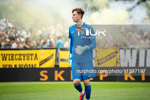 Goalkeeper Antoni Mikulko plays in a game between Wieczysta Krakow and Pogon Grodzisk Mazowiecki in Krakow, Poland, on September 1, 2024. Po...