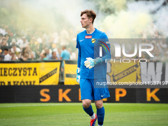 Goalkeeper Antoni Mikulko plays in a game between Wieczysta Krakow and Pogon Grodzisk Mazowiecki in Krakow, Poland, on September 1, 2024. Po...