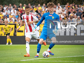 Goalkeeper Antoni Mikulko plays in a game between Wieczysta Krakow and Pogon Grodzisk Mazowiecki in Krakow, Poland, on September 1, 2024. Po...