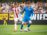 Goalkeeper Antoni Mikulko plays in a game between Wieczysta Krakow and Pogon Grodzisk Mazowiecki in Krakow, Poland, on September 1, 2024. Po...