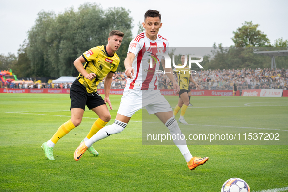 Jakub Apolinarski plays in a game between Wieczysta Krakow and Pogon Grodzisk Mazowiecki in Krakow, Poland, on September 1, 2024. Polish foo...