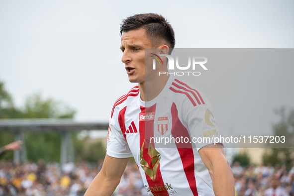 Jakub Apolinarski plays in a game between Wieczysta Krakow and Pogon Grodzisk Mazowiecki in Krakow, Poland, on September 1, 2024. Polish foo...