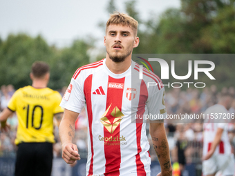 Kacper Sommerfeld plays in a game between Wieczysta Krakow and Pogon Grodzisk Mazowiecki in Krakow, Poland, on September 1, 2024. Polish foo...