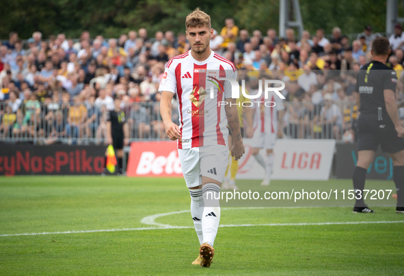 Kacper Sommerfeld plays in a game between Wieczysta Krakow and Pogon Grodzisk Mazowiecki in Krakow, Poland, on September 1, 2024. Polish foo...