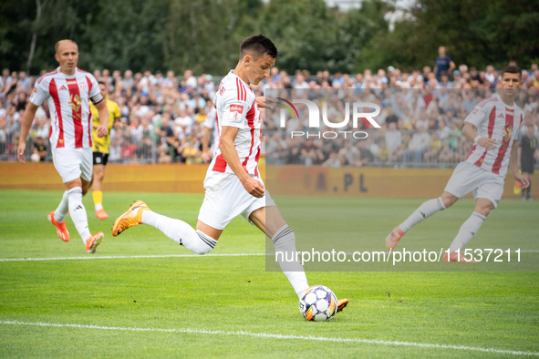 Jakub Apolinarski plays in a game between Wieczysta Krakow and Pogon Grodzisk Mazowiecki in Krakow, Poland, on September 1, 2024. Polish foo...