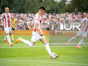 Jakub Apolinarski plays in a game between Wieczysta Krakow and Pogon Grodzisk Mazowiecki in Krakow, Poland, on September 1, 2024. Polish foo...