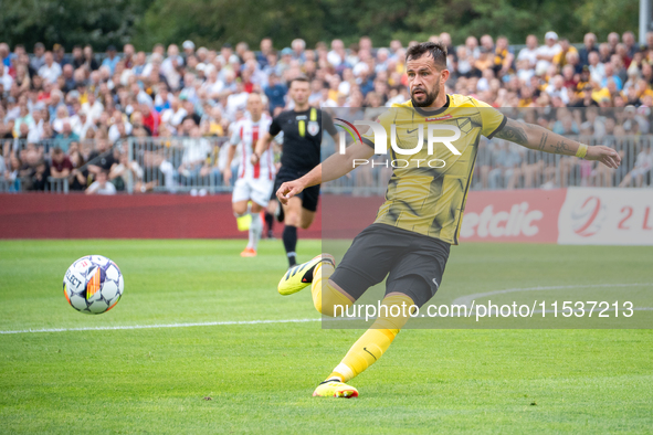 Rafal Pietrzak plays in a game between Wieczysta Krakow and Pogon Grodzisk Mazowiecki in Krakow, Poland, on September 1, 2024. Polish footba...