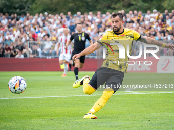 Rafal Pietrzak plays in a game between Wieczysta Krakow and Pogon Grodzisk Mazowiecki in Krakow, Poland, on September 1, 2024. Polish footba...