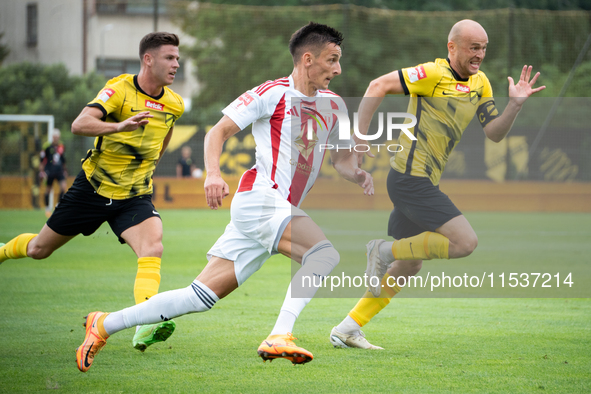 Jakub Apolinarski plays in a game between Wieczysta Krakow and Pogon Grodzisk Mazowiecki in Krakow, Poland, on September 1, 2024. Polish foo...