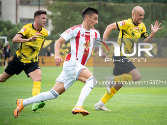 Jakub Apolinarski plays in a game between Wieczysta Krakow and Pogon Grodzisk Mazowiecki in Krakow, Poland, on September 1, 2024. Polish foo...