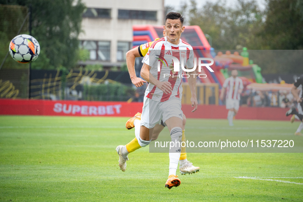 Jakub Apolinarski plays in a game between Wieczysta Krakow and Pogon Grodzisk Mazowiecki in Krakow, Poland, on September 1, 2024. Polish foo...