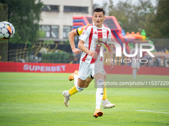 Jakub Apolinarski plays in a game between Wieczysta Krakow and Pogon Grodzisk Mazowiecki in Krakow, Poland, on September 1, 2024. Polish foo...