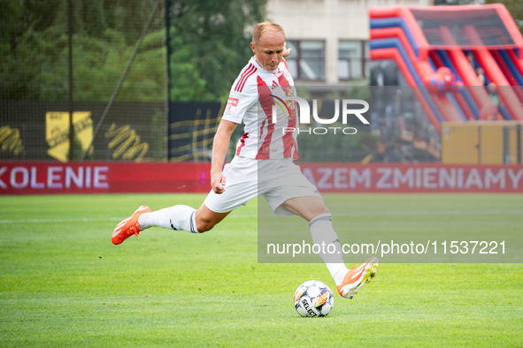 Damian Jaron plays in a game between Wieczysta Krakow and Pogon Grodzisk Mazowiecki in Krakow, Poland, on September 1, 2024. Polish football...