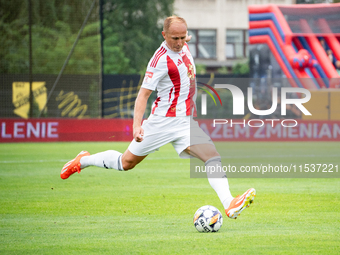 Damian Jaron plays in a game between Wieczysta Krakow and Pogon Grodzisk Mazowiecki in Krakow, Poland, on September 1, 2024. Polish football...