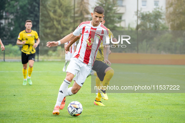 Jakub Lis plays in a game between Wieczysta Krakow and Pogon Grodzisk Mazowiecki in Krakow, Poland, on September 1, 2024. Polish football se...