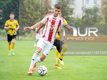 Jakub Lis plays in a game between Wieczysta Krakow and Pogon Grodzisk Mazowiecki in Krakow, Poland, on September 1, 2024. Polish football se...