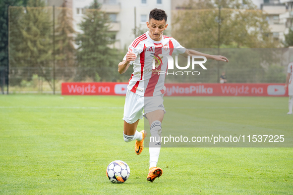 Jakub Apolinarski plays in a game between Wieczysta Krakow and Pogon Grodzisk Mazowiecki in Krakow, Poland, on September 1, 2024. Polish foo...