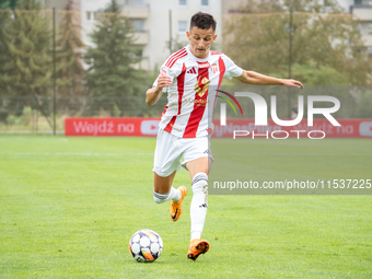 Jakub Apolinarski plays in a game between Wieczysta Krakow and Pogon Grodzisk Mazowiecki in Krakow, Poland, on September 1, 2024. Polish foo...