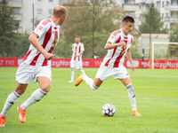 Jakub Apolinarski plays in a game between Wieczysta Krakow and Pogon Grodzisk Mazowiecki in Krakow, Poland, on September 1, 2024. Polish foo...