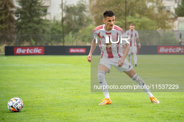 Jakub Apolinarski plays in a game between Wieczysta Krakow and Pogon Grodzisk Mazowiecki in Krakow, Poland, on September 1, 2024. Polish foo...