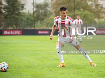 Jakub Apolinarski plays in a game between Wieczysta Krakow and Pogon Grodzisk Mazowiecki in Krakow, Poland, on September 1, 2024. Polish foo...