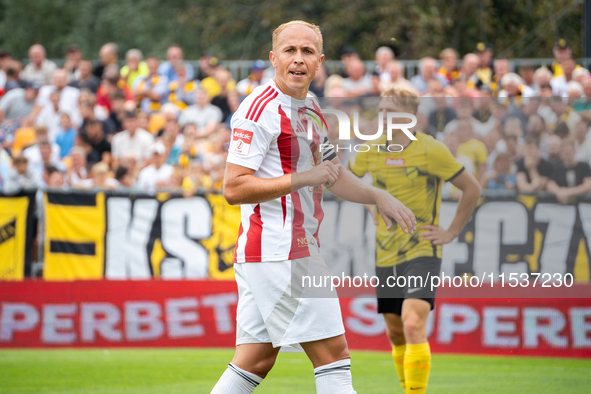 Damian Jaron plays in a game between Wieczysta Krakow and Pogon Grodzisk Mazowiecki in Krakow, Poland, on September 1, 2024. Polish football...