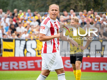 Damian Jaron plays in a game between Wieczysta Krakow and Pogon Grodzisk Mazowiecki in Krakow, Poland, on September 1, 2024. Polish football...