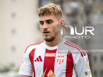 Kacper Sommerfeld plays in a game between Wieczysta Krakow and Pogon Grodzisk Mazowiecki in Krakow, Poland, on September 1, 2024. Polish foo...