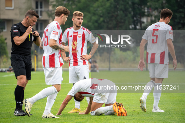 Pogon players participate in a game between Wieczysta Krakow and Pogon Grodzisk Mazowiecki in Krakow, Poland, on September 1, 2024. Polish f...