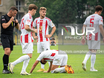 Pogon players participate in a game between Wieczysta Krakow and Pogon Grodzisk Mazowiecki in Krakow, Poland, on September 1, 2024. Polish f...