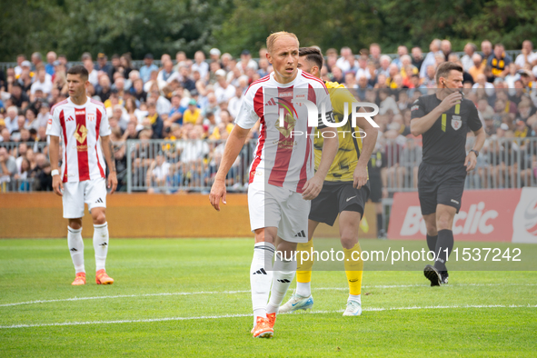 Damian Jaron plays in a game between Wieczysta Krakow and Pogon Grodzisk Mazowiecki in Krakow, Poland, on September 1, 2024. Polish football...