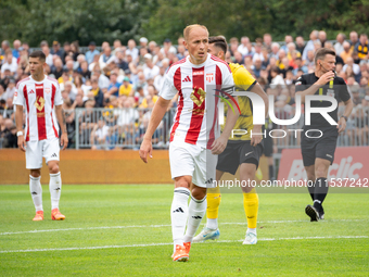 Damian Jaron plays in a game between Wieczysta Krakow and Pogon Grodzisk Mazowiecki in Krakow, Poland, on September 1, 2024. Polish football...