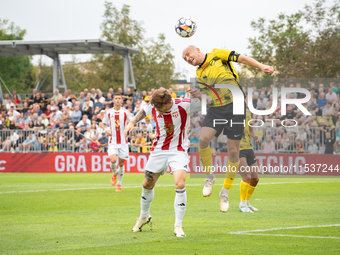 Michal Pazdan and Nikodem Niski play in a game between Wieczysta Krakow and Pogon Grodzisk Mazowiecki in Krakow, Poland, on September 1, 202...