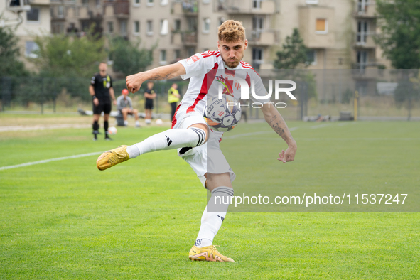 Kacper Sommerfeld plays in a game between Wieczysta Krakow and Pogon Grodzisk Mazowiecki in Krakow, Poland, on September 1, 2024. Polish foo...