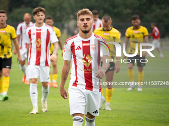 Kacper Sommerfeld plays in a game between Wieczysta Krakow and Pogon Grodzisk Mazowiecki in Krakow, Poland, on September 1, 2024. Polish foo...