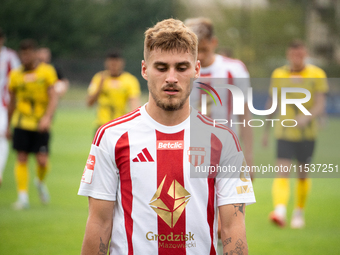 Kacper Sommerfeld plays in a game between Wieczysta Krakow and Pogon Grodzisk Mazowiecki in Krakow, Poland, on September 1, 2024. Polish foo...