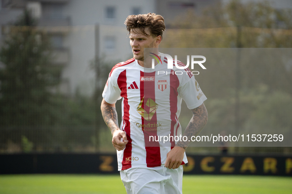 Nikodem Niski plays in a game between Wieczysta Krakow and Pogon Grodzisk Mazowiecki in Krakow, Poland, on September 1, 2024. Polish footbal...