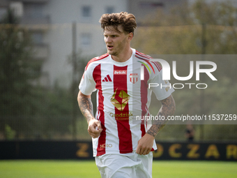 Nikodem Niski plays in a game between Wieczysta Krakow and Pogon Grodzisk Mazowiecki in Krakow, Poland, on September 1, 2024. Polish footbal...