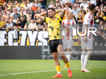 Goku Roman plays in a game between Wieczysta Krakow and Pogon Grodzisk Mazowiecki in Krakow, Poland, on September 1, 2024. Polish football s...