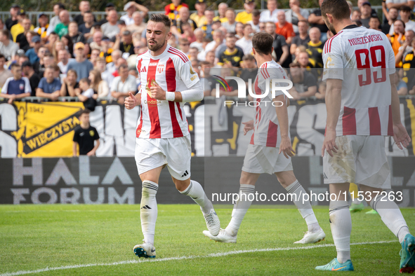 Kacper Los plays in a game between Wieczysta Krakow and Pogon Grodzisk Mazowiecki in Krakow, Poland, on September 1, 2024. Polish football s...