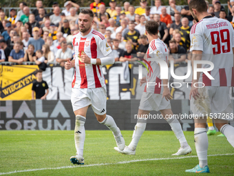 Kacper Los plays in a game between Wieczysta Krakow and Pogon Grodzisk Mazowiecki in Krakow, Poland, on September 1, 2024. Polish football s...