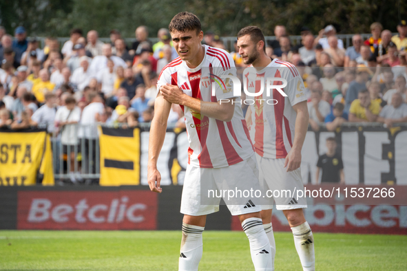 Aleksander Gajgier plays in a game between Wieczysta Krakow and Pogon Grodzisk Mazowiecki in Krakow, Poland, on September 1, 2024. Polish fo...