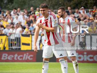 Aleksander Gajgier plays in a game between Wieczysta Krakow and Pogon Grodzisk Mazowiecki in Krakow, Poland, on September 1, 2024. Polish fo...