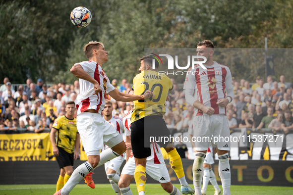 Betclic 2 Liga game between Wieczysta Krakow and GKS Pogon Grodzisk Mazowiecki in Krakow, Poland, on September 1, 2024. Polish football seco...