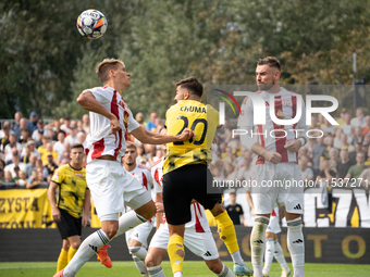 Betclic 2 Liga game between Wieczysta Krakow and GKS Pogon Grodzisk Mazowiecki in Krakow, Poland, on September 1, 2024. Polish football seco...