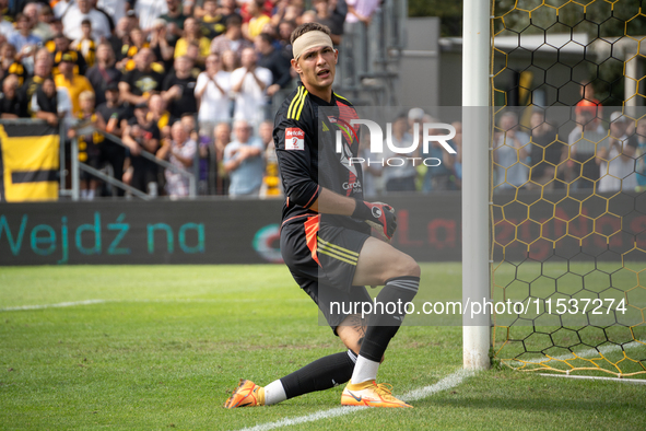 Goalkeeper Dmytro Sydorenko plays in a game between Wieczysta Krakow and Pogon Grodzisk Mazowiecki in Krakow, Poland, on September 1, 2024....