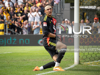 Goalkeeper Dmytro Sydorenko plays in a game between Wieczysta Krakow and Pogon Grodzisk Mazowiecki in Krakow, Poland, on September 1, 2024....