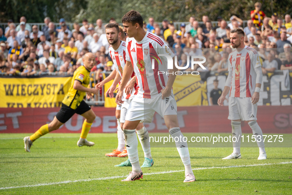 Aleksander Gajgier plays in a game between Wieczysta Krakow and Pogon Grodzisk Mazowiecki in Krakow, Poland, on September 1, 2024. Polish fo...