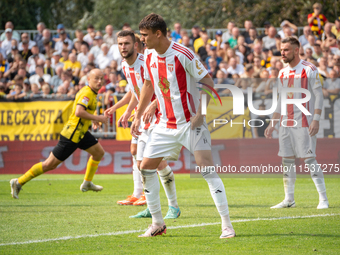 Aleksander Gajgier plays in a game between Wieczysta Krakow and Pogon Grodzisk Mazowiecki in Krakow, Poland, on September 1, 2024. Polish fo...