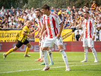 Aleksander Gajgier plays in a game between Wieczysta Krakow and Pogon Grodzisk Mazowiecki in Krakow, Poland, on September 1, 2024. Polish fo...